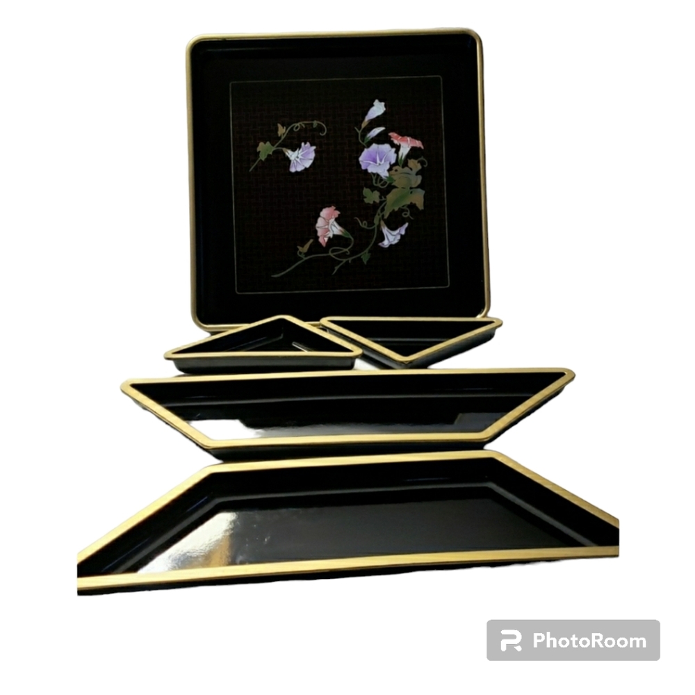 TOYO Black Lacquer 5 pc Snack Tray set